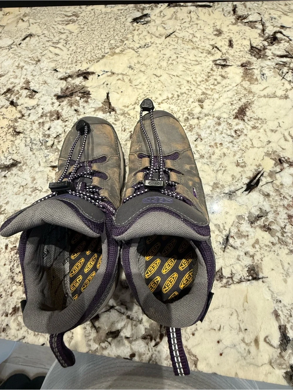 Keen Kids Targhee low waterproof grayish brown Hiking Boots with purple laces.